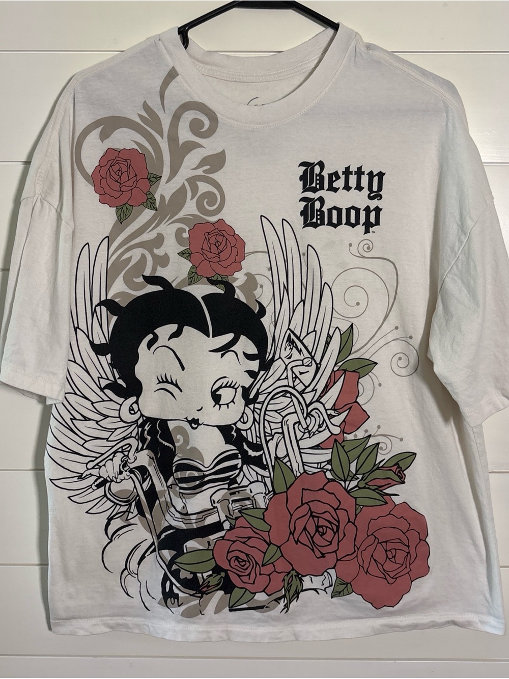 Betty Boop White Tee with Black Graphic and Pink Roses